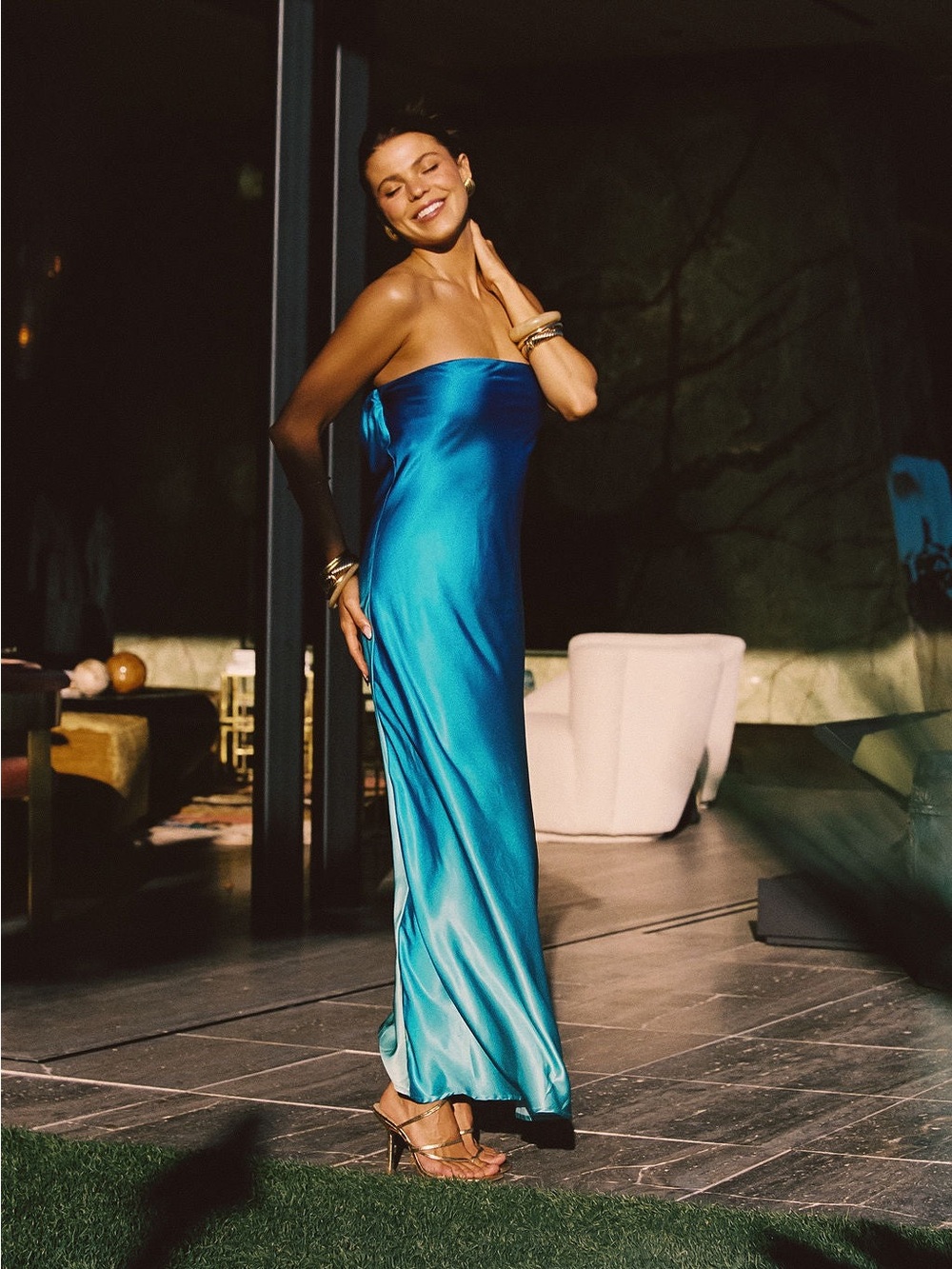 12th Tribe Natalia Blue Ombre Strapless Satin Slip Maxi Dress Medium - Picture 4 of 8